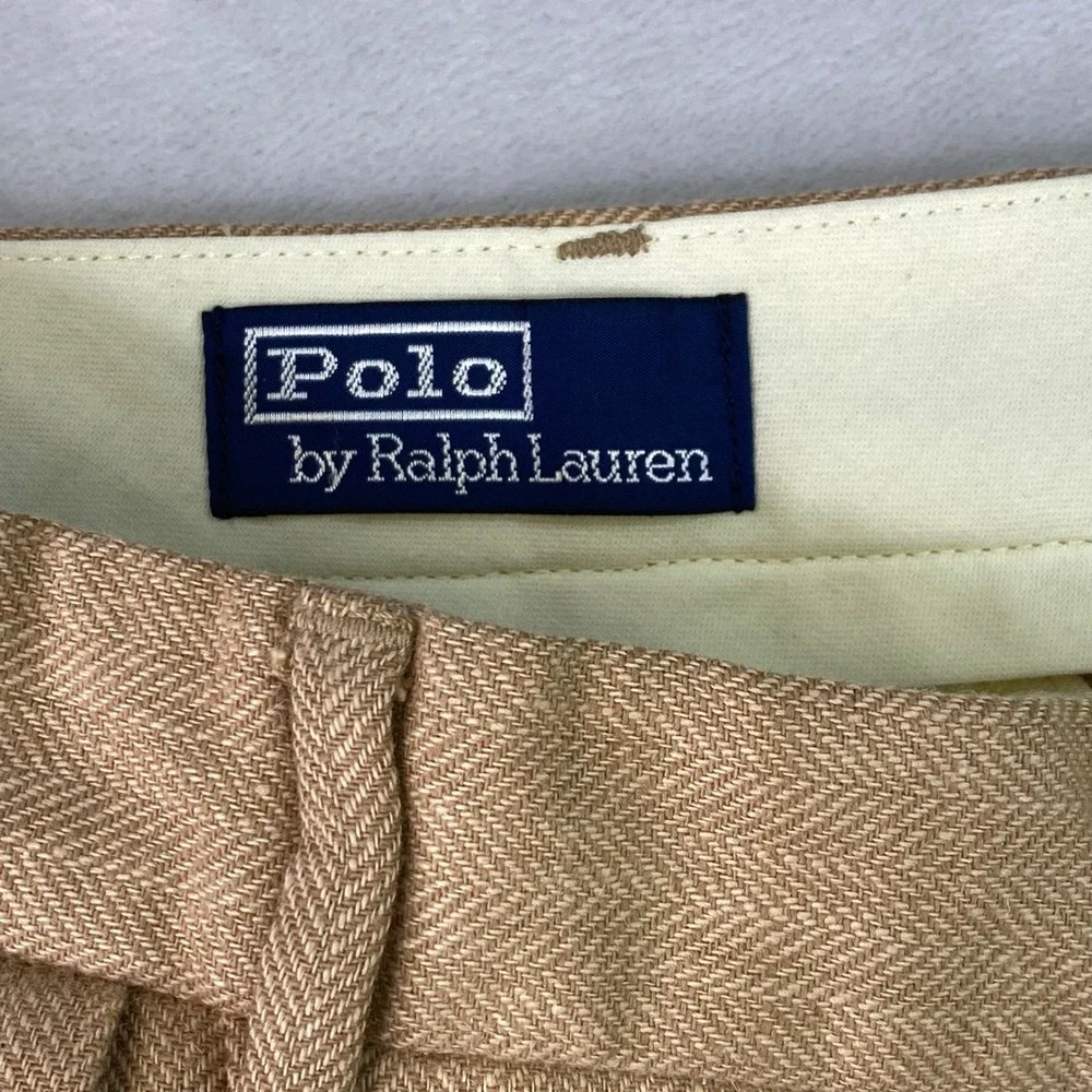 Polo Ralph Lauren Pants Men 36x32 (Fits) Herringbone Pleated Cuffed Linen Cotton